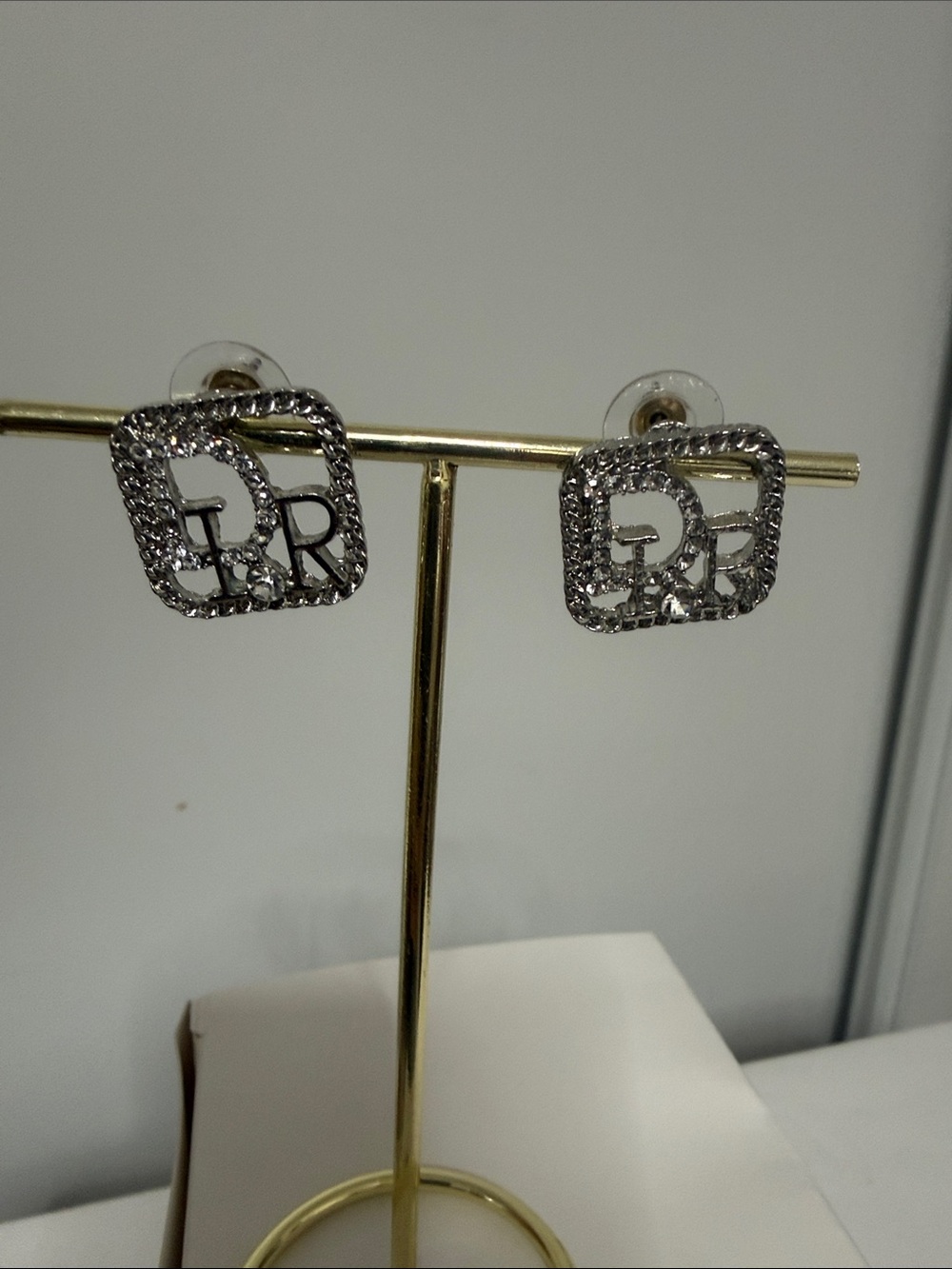 Fashion Jewelry Silver-Tone Crystal Square Initial Stud Earrings
